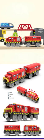 Kid Magnetische Elektrische Zug Lokomotive Holzschienen Slot Diecast Eisenbahn mit Zwei Waggons Zug Holzspielzeug Biro Leduo Gleis