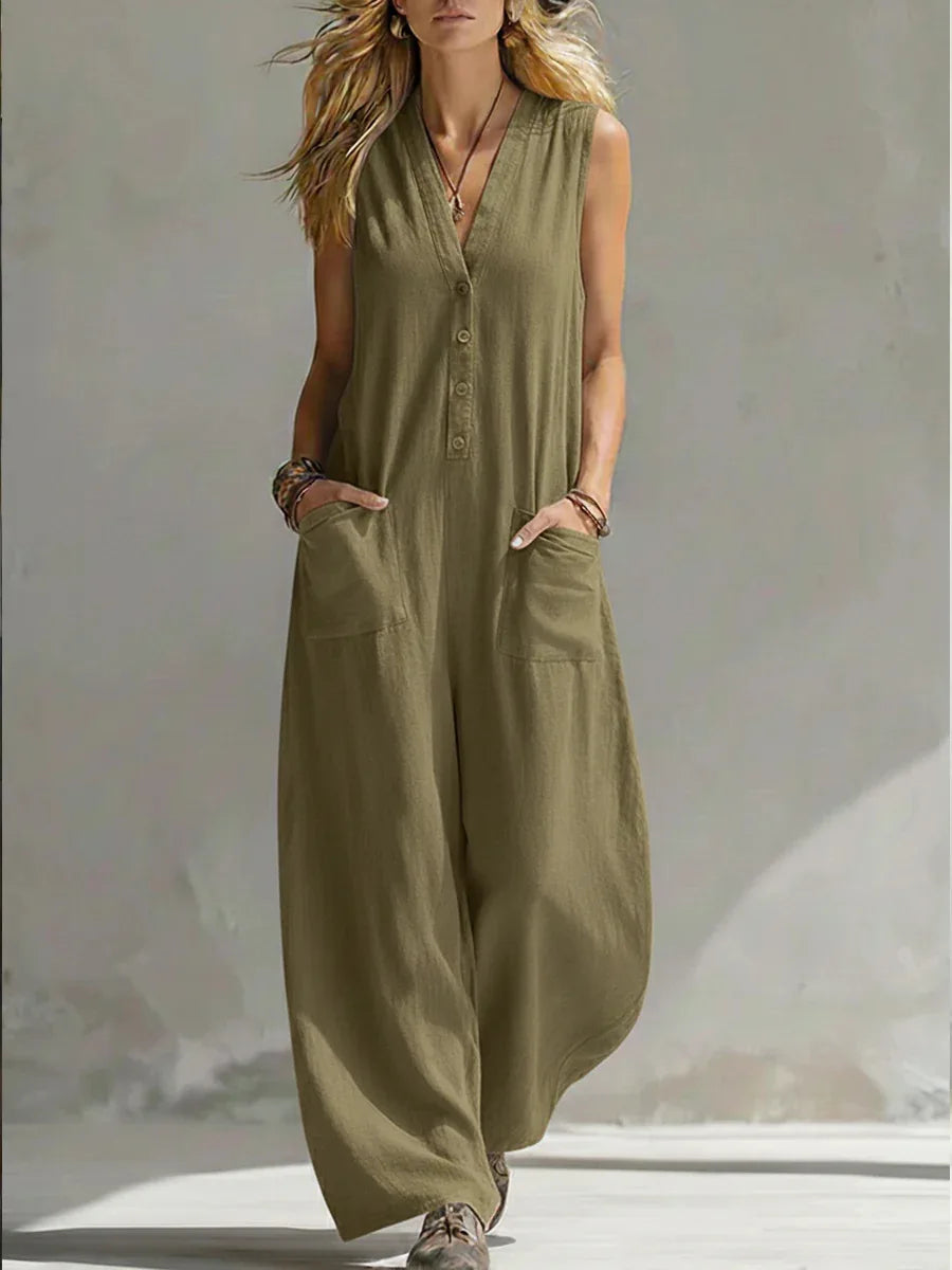 Jumpsuits Damen 2026 Playsuits Doppel-Taschen lässige Leinen-Baumwoll-Ärmellose lange Jumpsuits Damenbekleidung