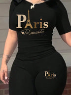 Zweiteiliges Set für Damen mit Paris-Druck, lässiges kurzärmliges T-Shirt mit Rundhalsausschnitt und enge Hose, langes Hosen-Set, Kollektion 2026