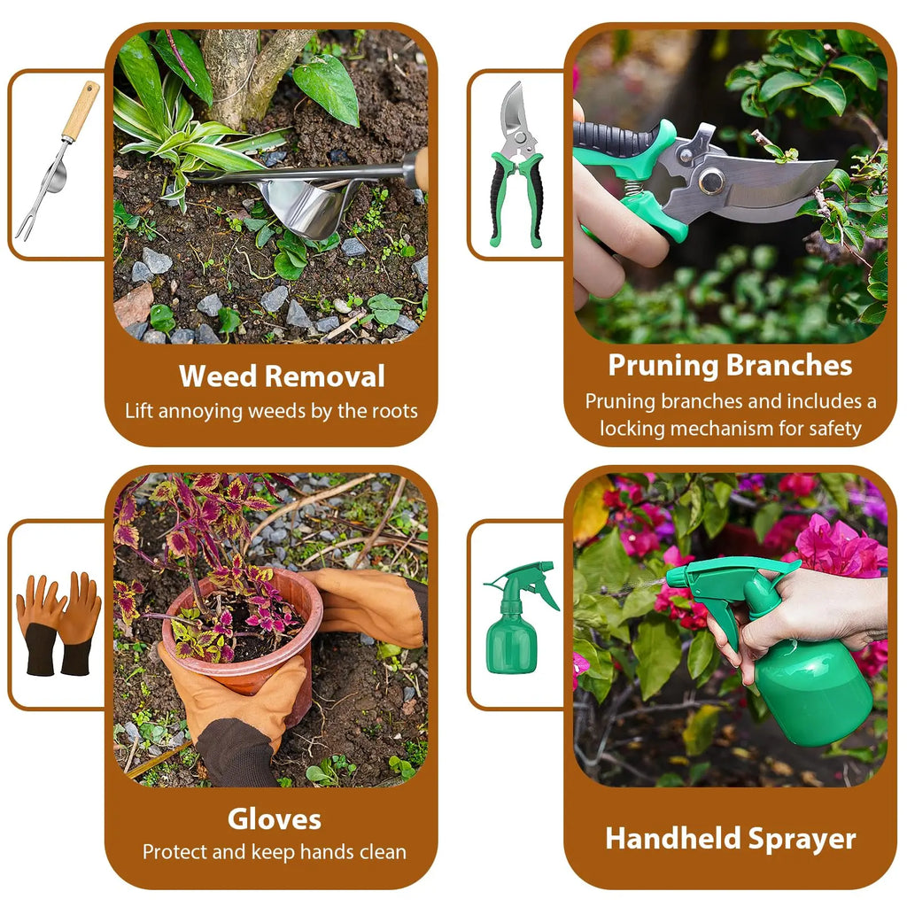 9-teiliges Garten-Jätwerkzeug-Set aus Edelstahl mit Holzgriff, Jäter