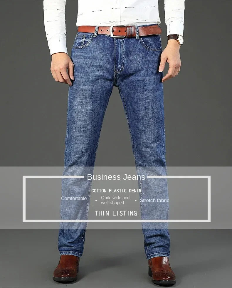 2024 Gerade, normale blaue Stretch-Jeans Frühling Herbst Herren Klassische Jeans Business Fashion Smart Jeans für Herren