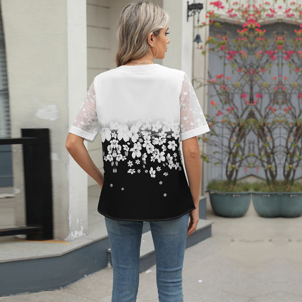 Sommerhemden Damen Spitze Patchwork Kurzarm Bluse Blumendruck Kleidung Mode Street Casual Täglich V-Ausschnitt Knopfleiste Tops 2025