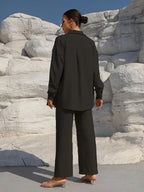 Große Größen Casual Locker Zweiteiler Weites Bein Hose Langarmshirt Hellbeige Street Style Elegant Qualität Polyester Somm...