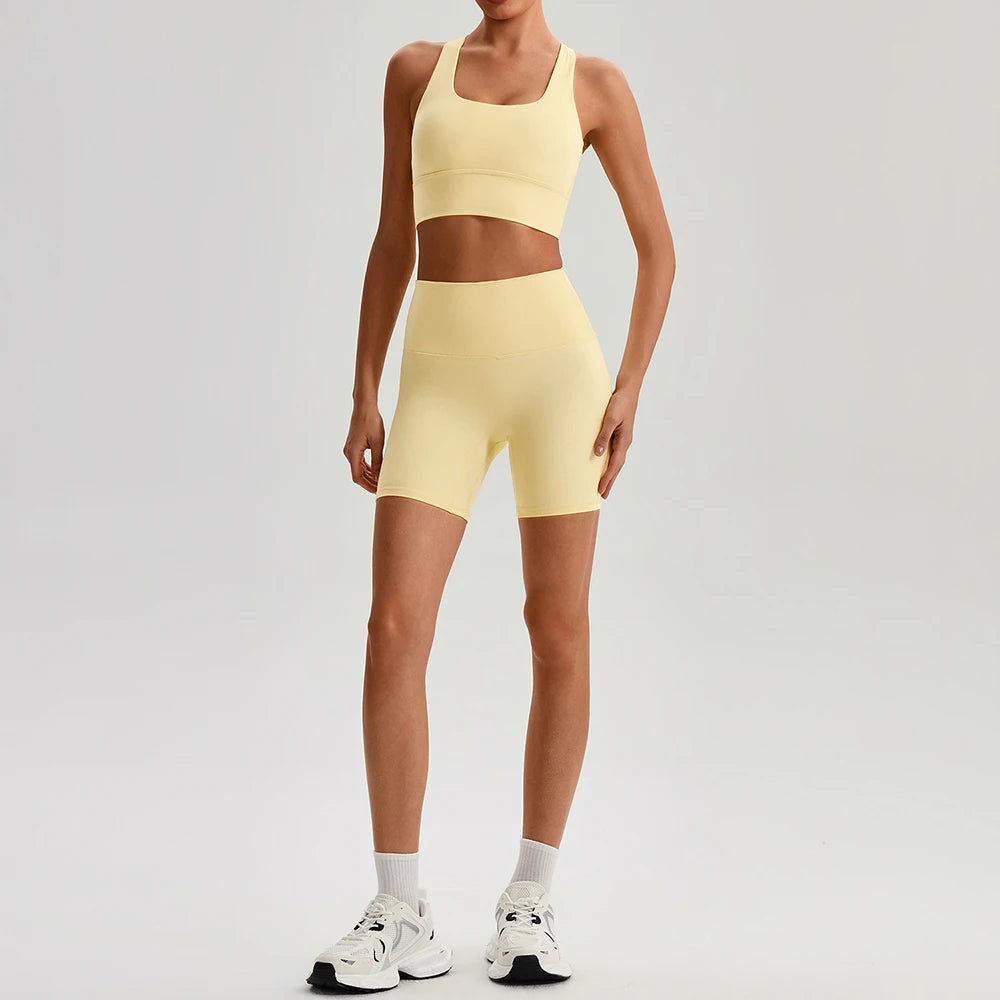 Buttery Soft Nylon Yoga Set Crisscross Back Sports Bra High Waist Biker Shorts 2 Piece Gym Set Workout Outfit Women Activewear
