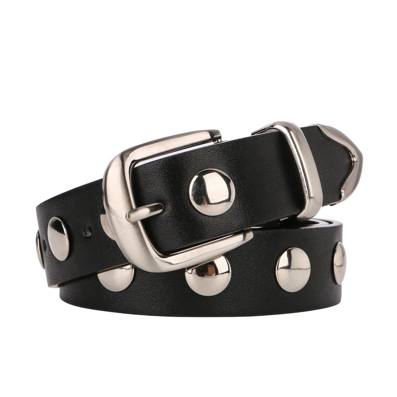 Women Fashion Leather Belt Studded Punk Black Belts for Jeans Dress Ladies Belt with Gold Buckle Adjustable Waist Belt