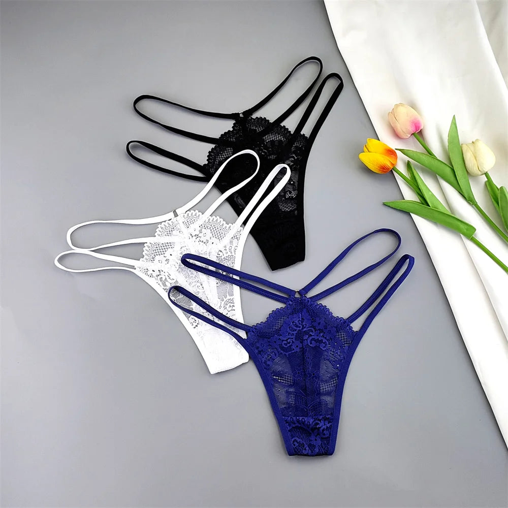 3 Stück Spitze Dünne Träger Tanga Frauen Tiefe Taille Sexy Perspektive Unterwäsche Damen Transparenter G-String Slip Plus Size T-Rücken