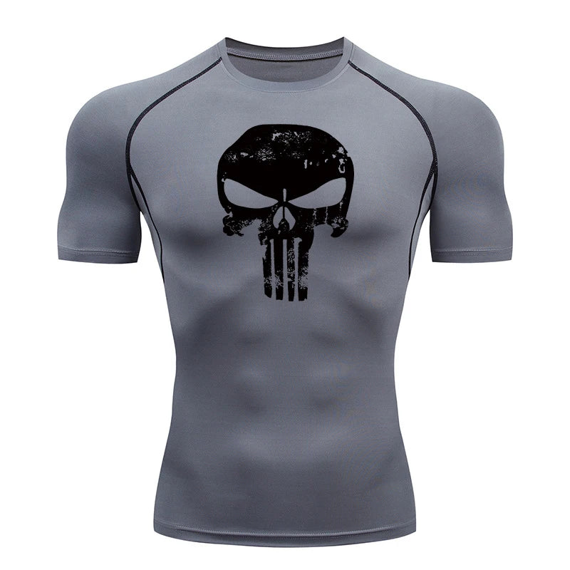 Skull Print Compression Shirts for Men Gym Workout Running Tshirts Sporty Athletic Quick Dry Tees Tops Short Sleeve Rash Guard