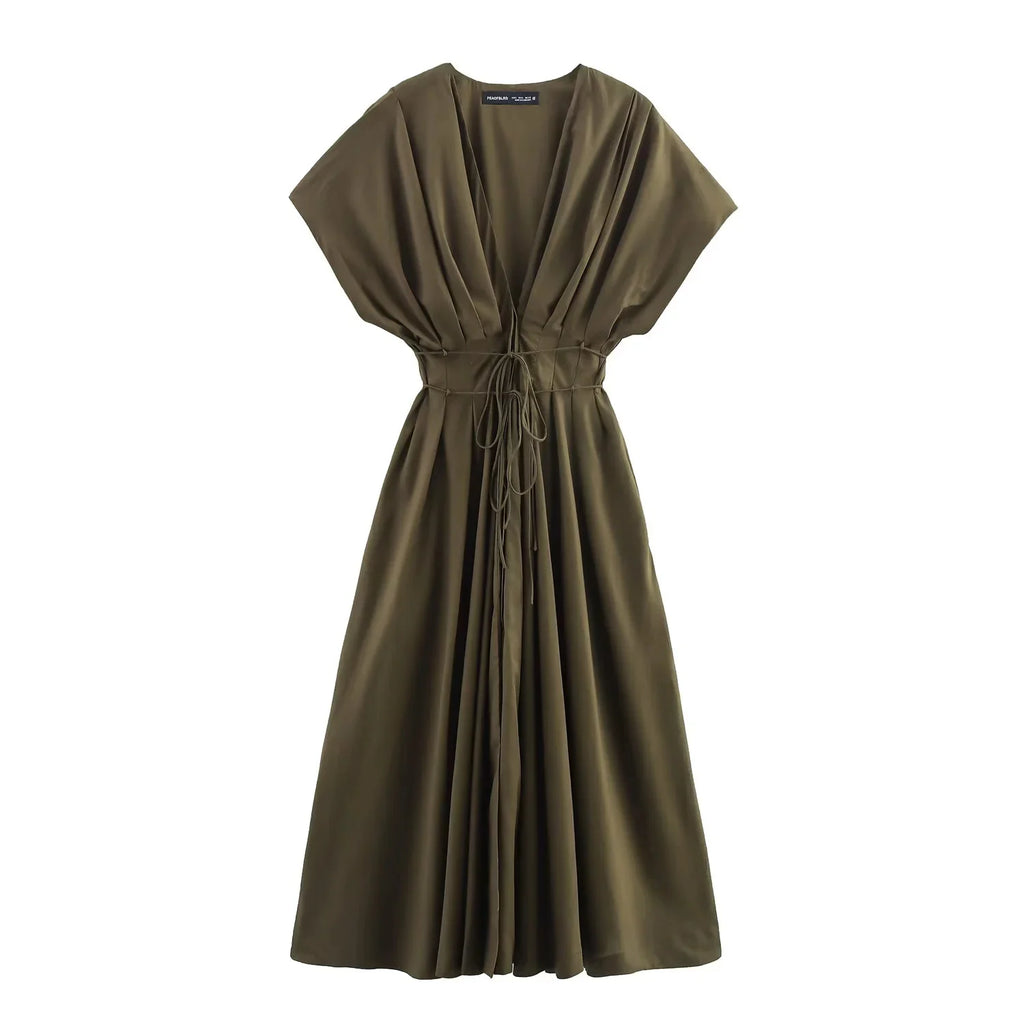 KONDALA 2026 Frühling Sommer Vintage Damenkleid Mode Einreihig Schärpen Drapierter V-Ausschnitt Ärmellos Schicke Braune Damenkleider