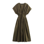 KONDALA 2026 Frühling Sommer Vintage Damenkleid Mode Einreihig Schärpen Drapierter V-Ausschnitt Ärmellos Schicke Braune Damenkleider