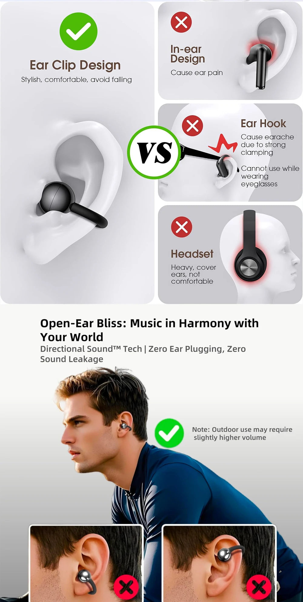 UYUXIO BT 5.4 Clip-on-Ohrhörer Kabellose Open-Ear-Kopfhörer mit 72H Spielzeit Langer Akkulaufzeit Over-Ear-Ohrhörer für Sport Workouts