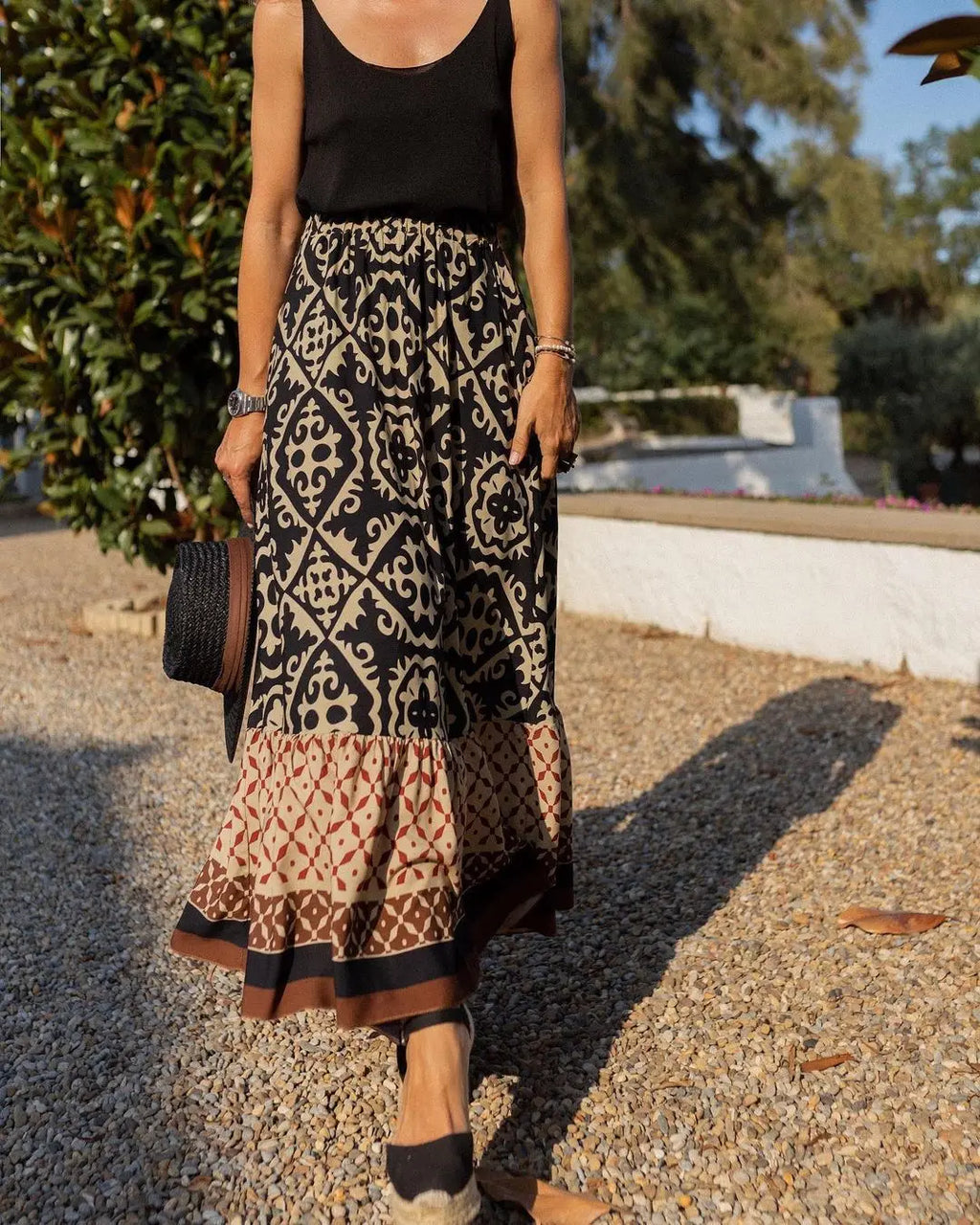 Damenrock mit elastischem Bund und Blumenmuster, großer Tellerrock, Boho-Midi-Rock im Patchwork-Stil, geeignet für Strand und Alltag