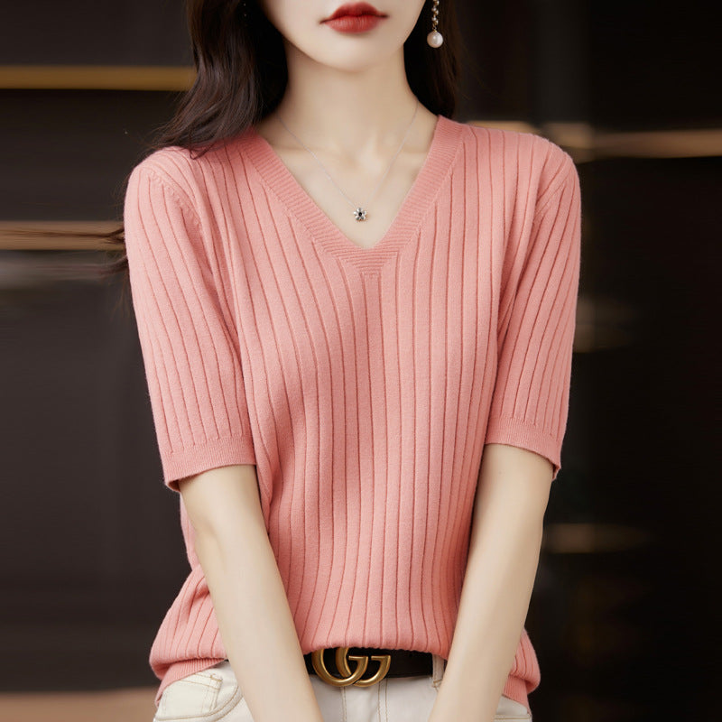 Damen Pullover Frühling Sommer Kurzarm V-Ausschnitt Strickshirt Lässige koreanische Pullover Gestreiftes Unterziehshirt Slim Fit Pullover