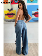 CM.YAYA Damen Vintage Cutout Hollow Out Criss Cross Gerade Denim Hose 2024 Mode INS High Waist Weite Beine Jeans Hose