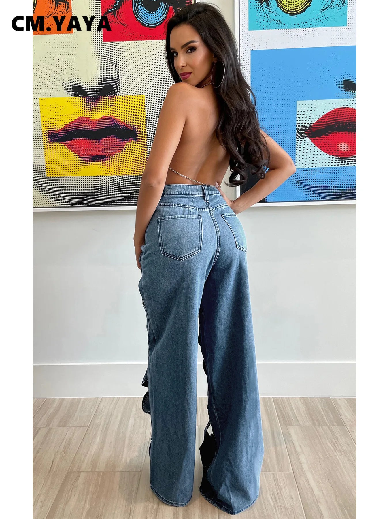 CM.YAYA Damen Vintage Cutout Hollow Out Criss Cross Gerade Denim Hose 2024 Mode INS High Waist Weite Beine Jeans Hose