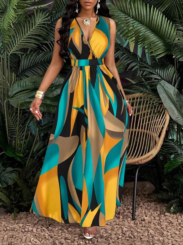 Ärmelloses, bodenlanges V-Ausschnitt-Kleid für Damen mit abstrakten Prints – modisch für Strand und legere Anlässe Hauptbild