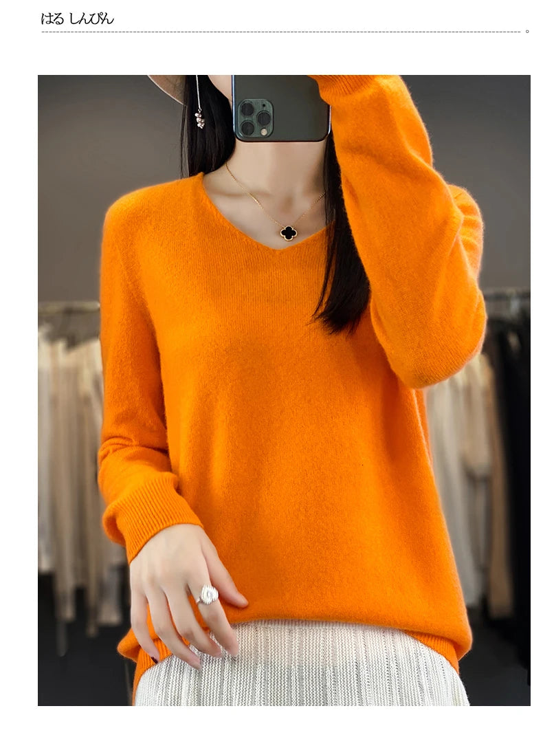 Damen 100% Merinowolle Pullover V-Ausschnitt Basic Pulli Herbst Winter Kaschmir Kleidung Langarm Weiche Strickware Oberteile Unifarben
