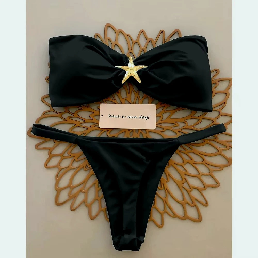 Sexy Bandeau Bikini Set 2026 Damen Himmelblau Seestern Verzierung Push Up String Bikini Brazilian Beach Badeanzug Micro Bademode