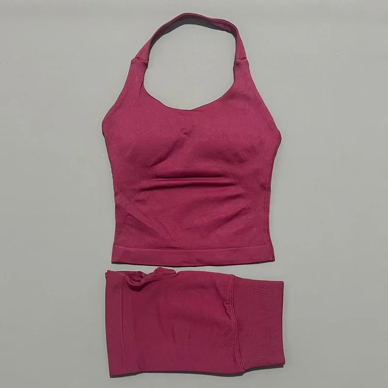 2-teiliges Sportset Damen Rückenloses Tanktop Hohe Taille Scrunch Nahtlose Shorts Fitnesskleidung Activewear Trainingssets Gym Anzug