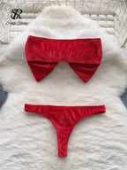 SINGREINY Weihnachten Erotische Dessous Anzüge Damen Trägerlos Eng Anliegend Kurze Nachtwäsche Mode Samt Schleife Sinnliche Unterwäsche Sets