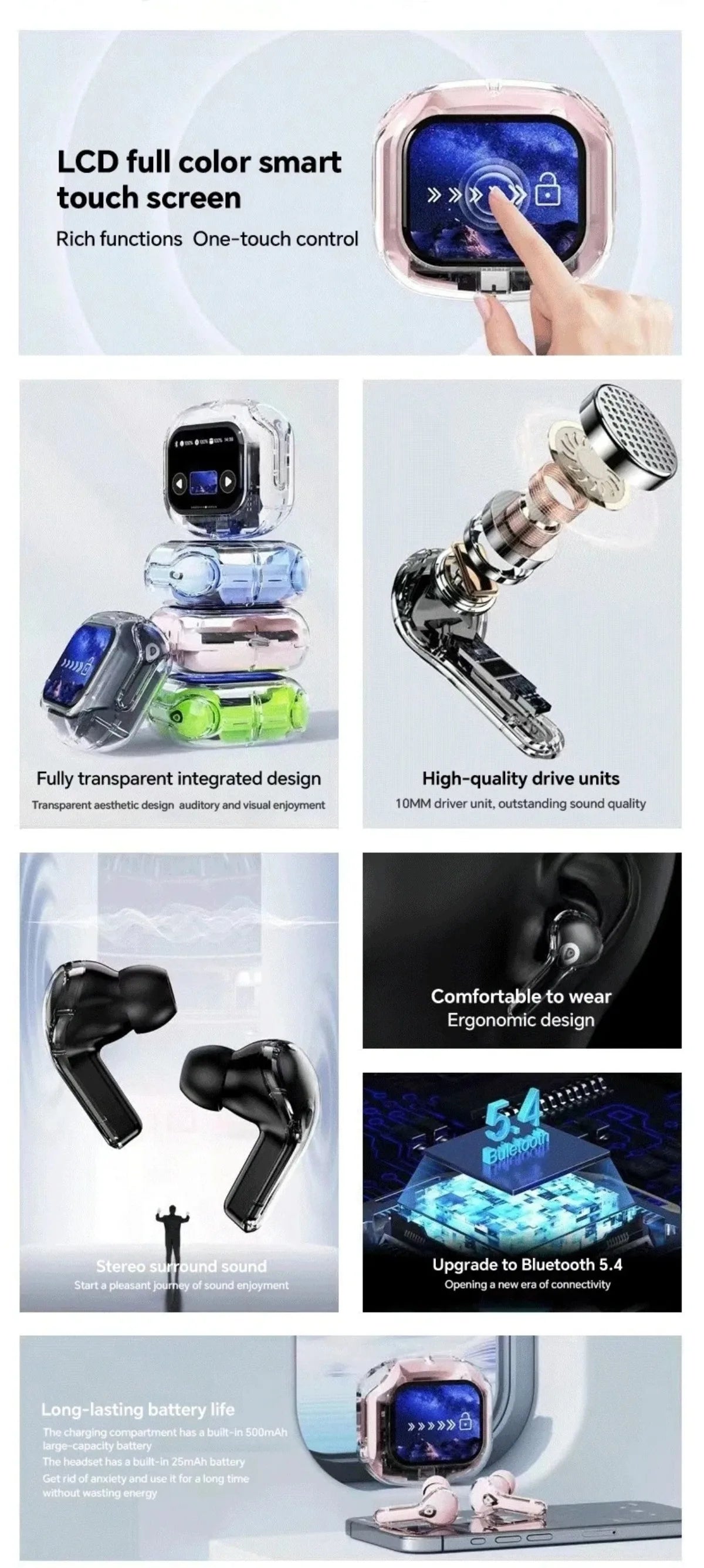 Übersetzung Kopfhörer mit Touchscreen Kabellos Bluetooth 5.4 Smart Earphone HiFi Audio Hohe Qualität Transparente Hülle Headset