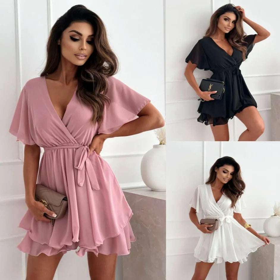 Chiffon Weißes Damenkleid für den Sommer 2025 Kurzarm Figurbetont Mode Koreanische Damenbekleidung Party Vintage Festliches Anlasskleid Hauptbild