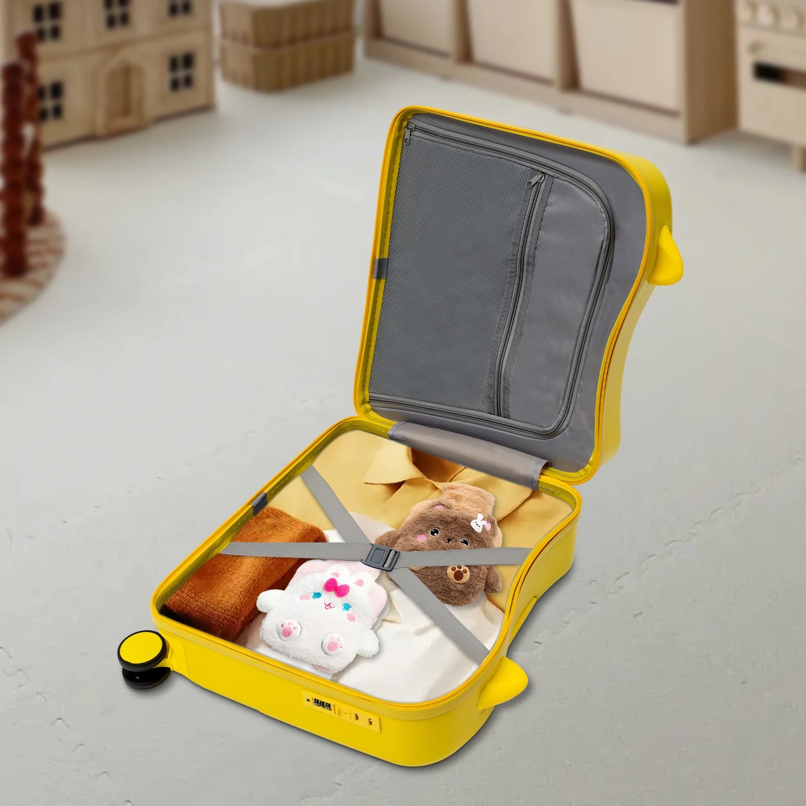18-Zoll-Aufstehkoffer, niedlicher Koffer mit interner Netztasche, Aufbewahrungsbox mit Lenkrollen für Kurztrips, Gelb