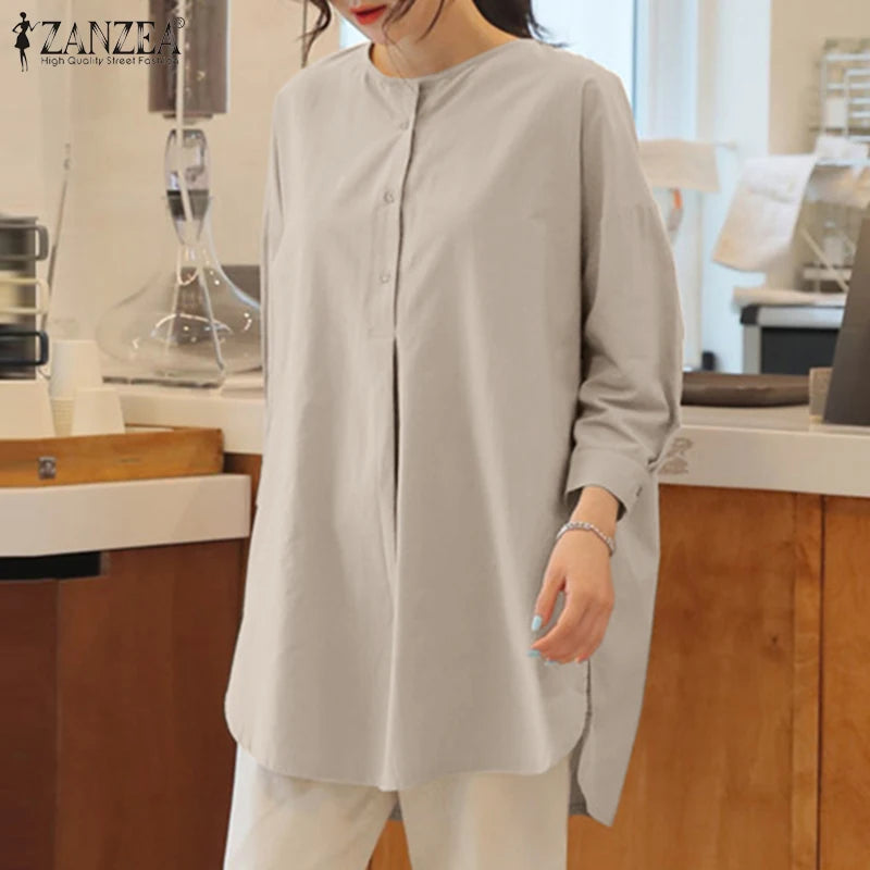 ZANZEA Mode Herbst Langarm Bluse Damen Weites Hemd Elegant Einfarbig OL Arbeitsplatten Lässig Locker Urlaub Arbeit Blusen Damen