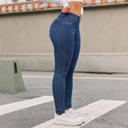 Damen High Waist Stretch-Jeans, Hüfthebend, Skinny Pencil Pants, Damen, volle Länge, schmal, einfarbig, Hose