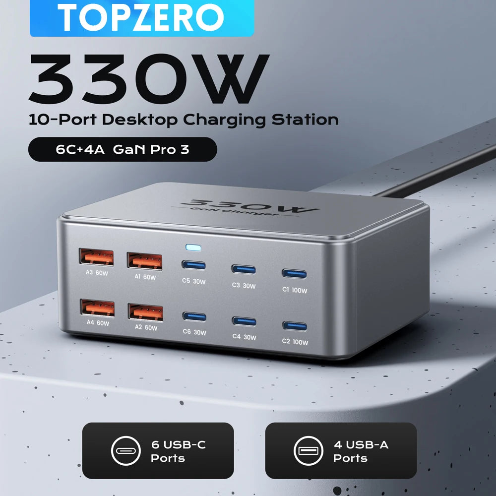 330W USB C GaN Ladegerät 100W PD3.0 PPS QC3.0 Multiport Schnellladestation für Laptop iPhone 15 16 Samsung Macbook Pro Tablet