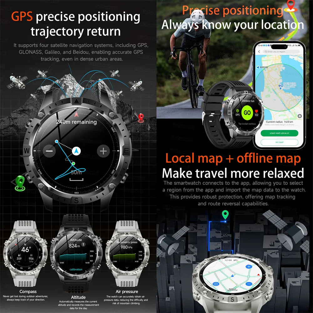 Smartwatch für Herren GPS Offline-Karten 2G ROM 10ATM Wasserdicht Herzfrequenz Tauchen Skifahren Wandern Robuste Smartwatch für Damen und Herren