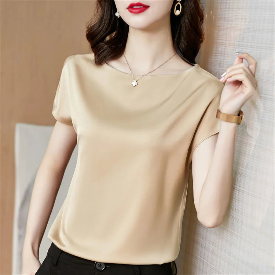 Office Lady Tops Sommer Kurzarm O-Ausschnitt Blusen Satinbluse Damenhemden Einfarbig Schlicht Leger Locker Hemd Blusen DF4904