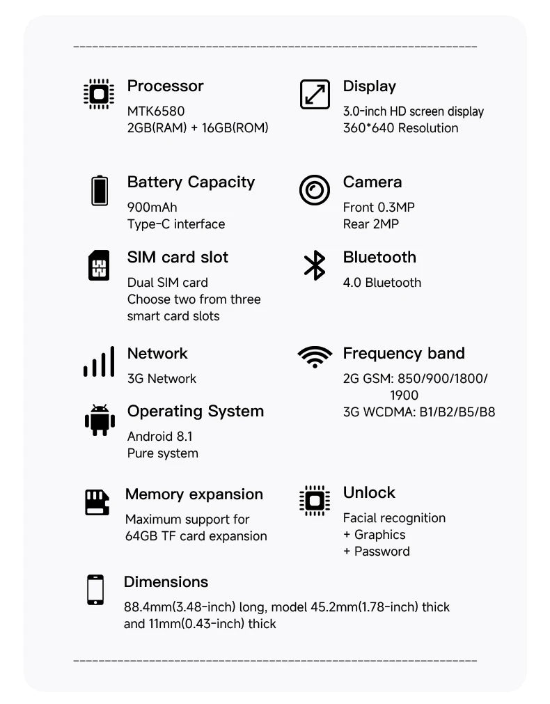 SERVO 18SE MINI Kleines Android Smartphone 3G WCDMA Dual SIM-Karte 2GB+16GB Play Store Wi-Fi Gesichtserkennung 3.0 Zoll Mini Smartphones