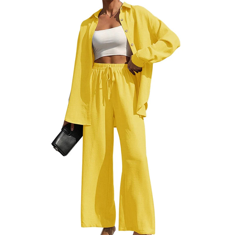 Zweiteiliges Set für Damen: Einfarbiges Hemd mit Knopfleiste und Hose mit weitem Bein und Bindedetail, lässige Bluse mit überschnittenen Schultern und langen Ärmeln & Hose