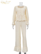 Clacive Mode Lässiges Beiges Baumwoll-2-Teiler-Set Damen Elegantes Langarmshirt mit High-Waist Weite Hose Set Damenbekleidung