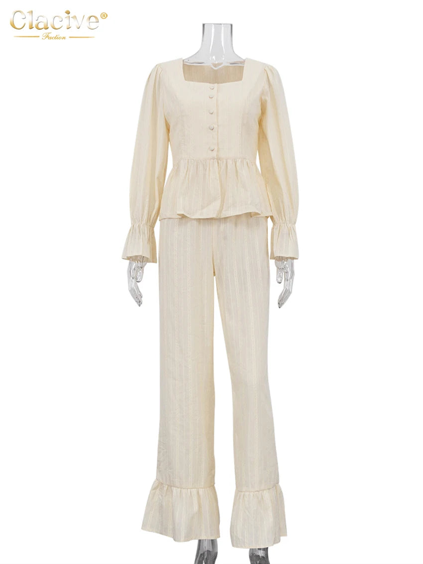 Clacive Mode Lässiges Beiges Baumwoll-2-Teiler-Set Damen Elegantes Langarmshirt mit High-Waist Weite Hose Set Damenbekleidung