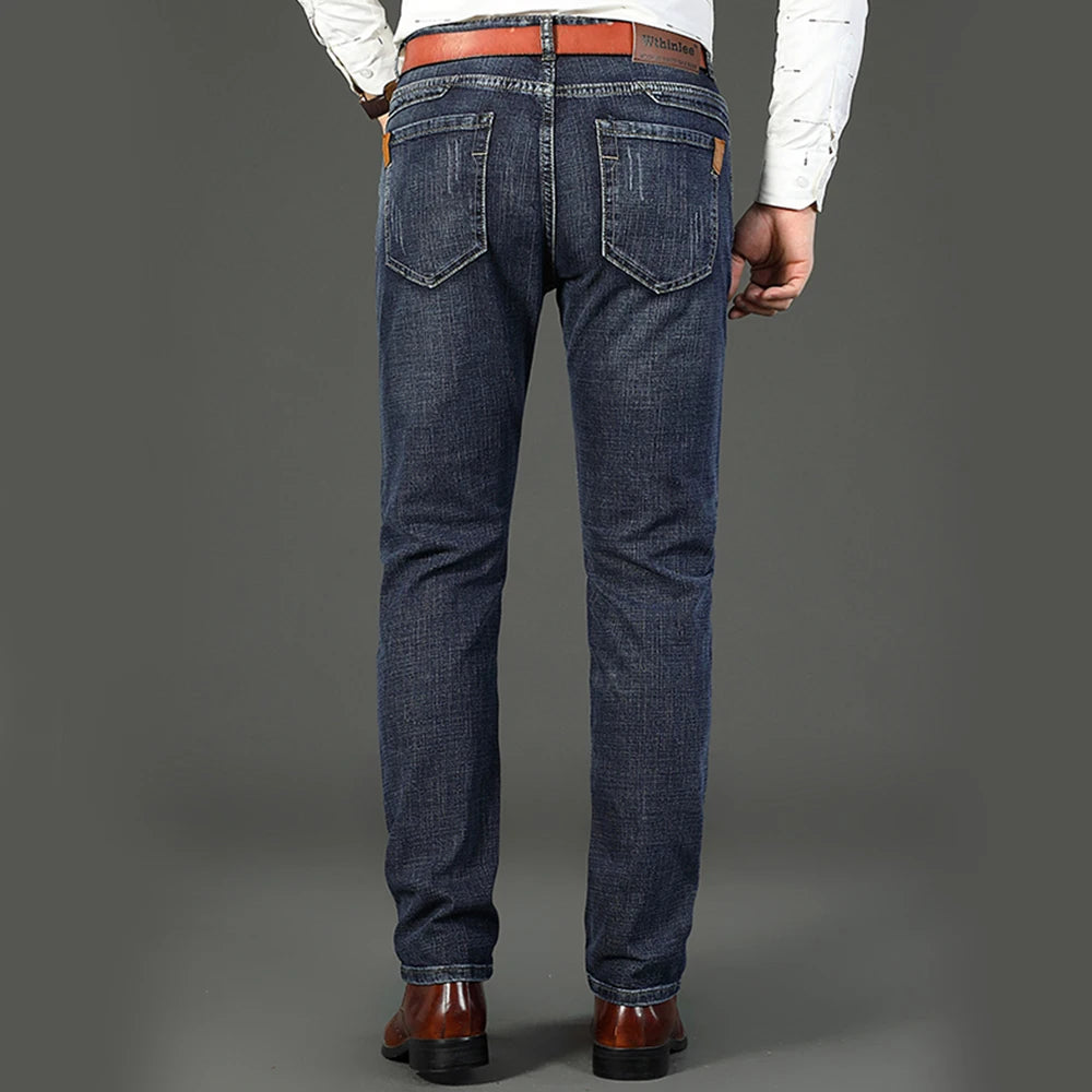 Wthinlee Business Men Jeans Casual Straight Stretch Fashion Classic Blue Black Work Denim Trousers Spring Summer Brand Clothing