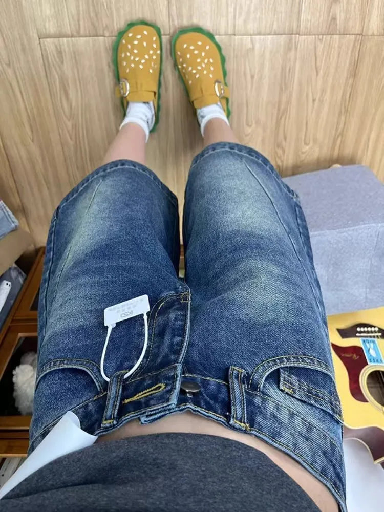 Spicy Girl Retro Amerikanische Fünf-Punkt-Denim-Shorts Damen Sommer Neue Lockere Design Schmale Gerade Weite Beinhosen Mittellange Hose