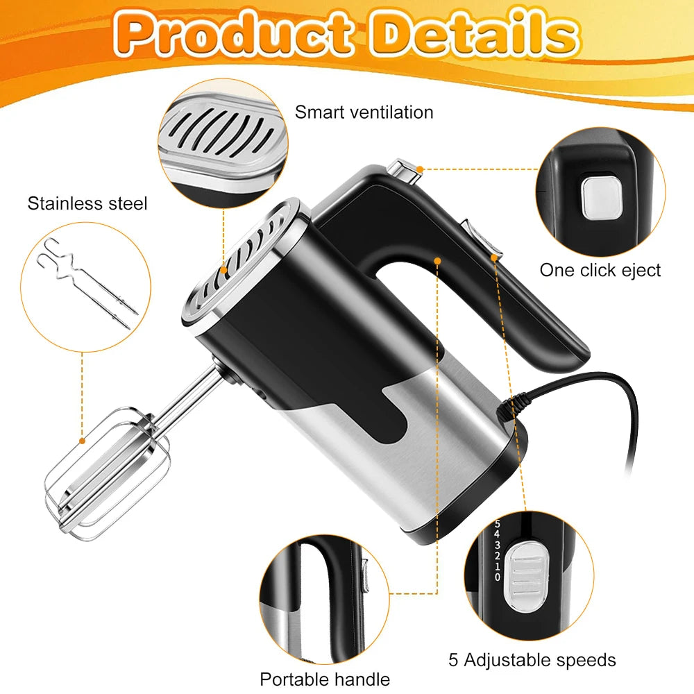 800W Elektrischer Küchenmixer mit Doppelrührbesen, Eierschläger, Knethaken, 5 Geschwindigkeiten, Küchenpürierer, Sahne, Marmelade, Pudding, Milchshake, Handmixer