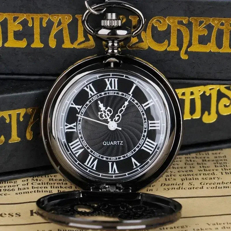 1pc Black Retro Hollow Gear Carved Quartz Pocket Watch Necklace Pendant Clock Chain Men Women Memorial Gift
