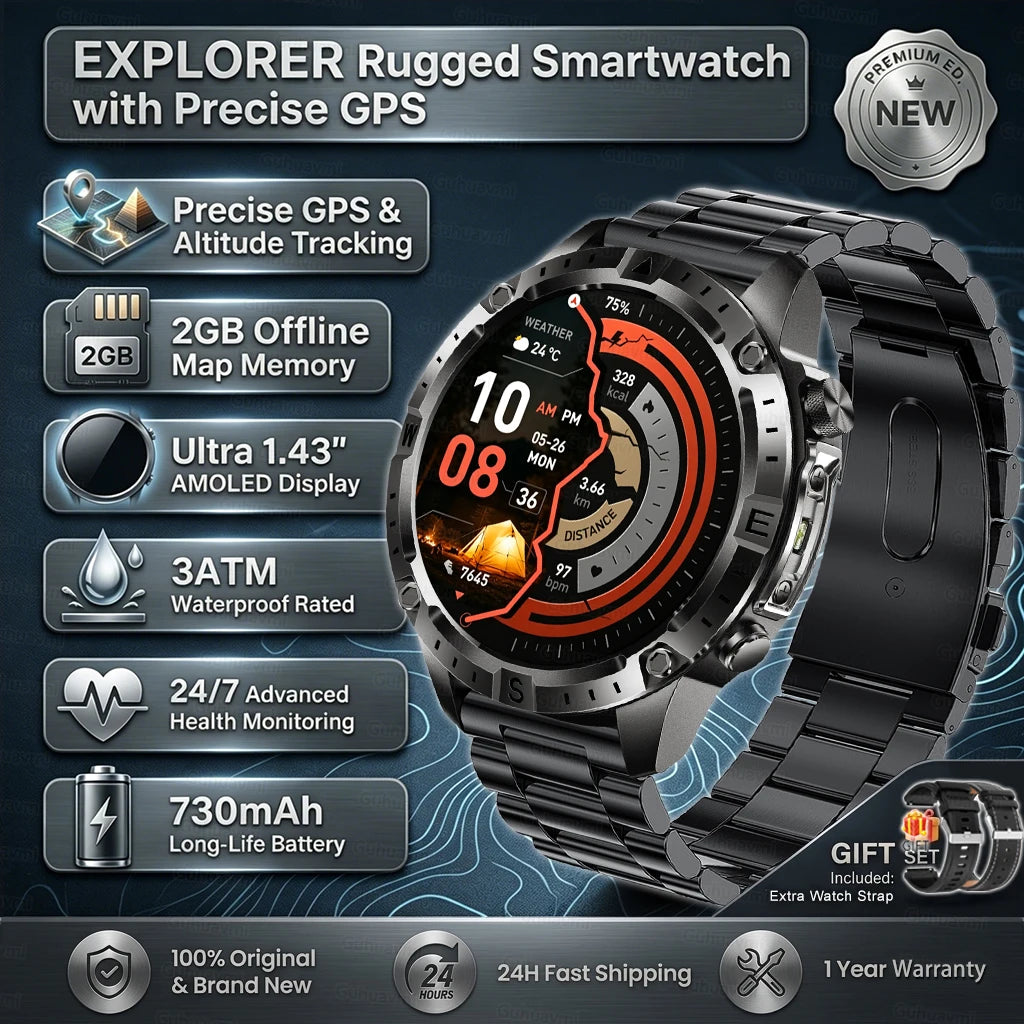 GPS Smart Watch for Men 2G ROM GPS Offline Maps Waterproof Swim Hiking Fitness Tracker Sleep SpO2 Rugged Durable Smartwatch GPS