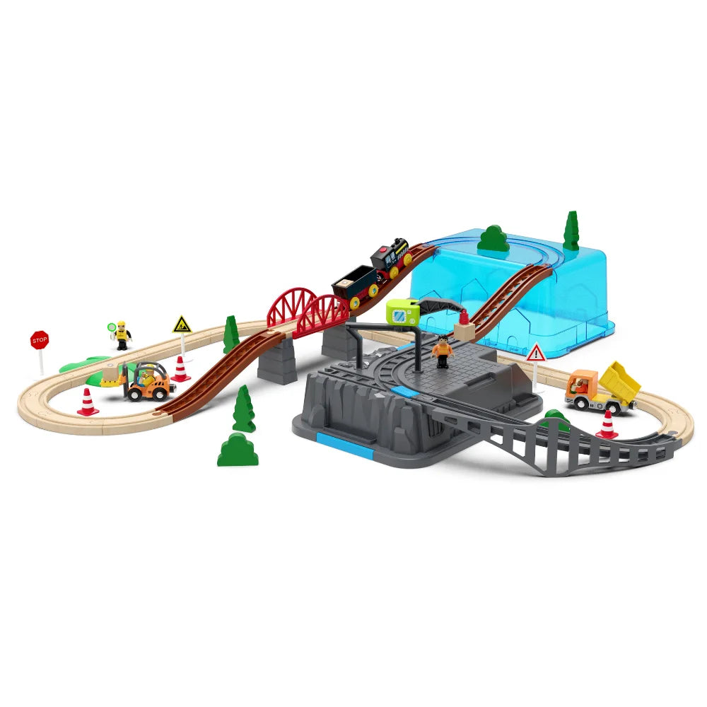 55tlg/Set Holzeisenbahn Gleis-Set Elektrischer Zug Magnetisches Auto Druckguss-Slot Passend für alle Marken Birke Holzschienen-Montagespielzeug Jungen-Geschenk
