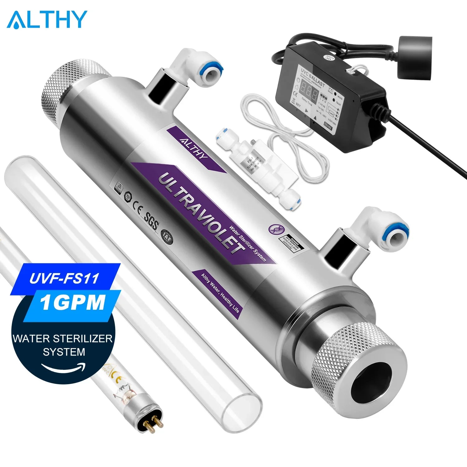 ALTHY UV-Ultraviolett-Wassersterilisator Wasseraufbereitungssystem Desinfektionslampe + Durchflussschaltersteuerung Edelstahl 1 GPM Hauptbild