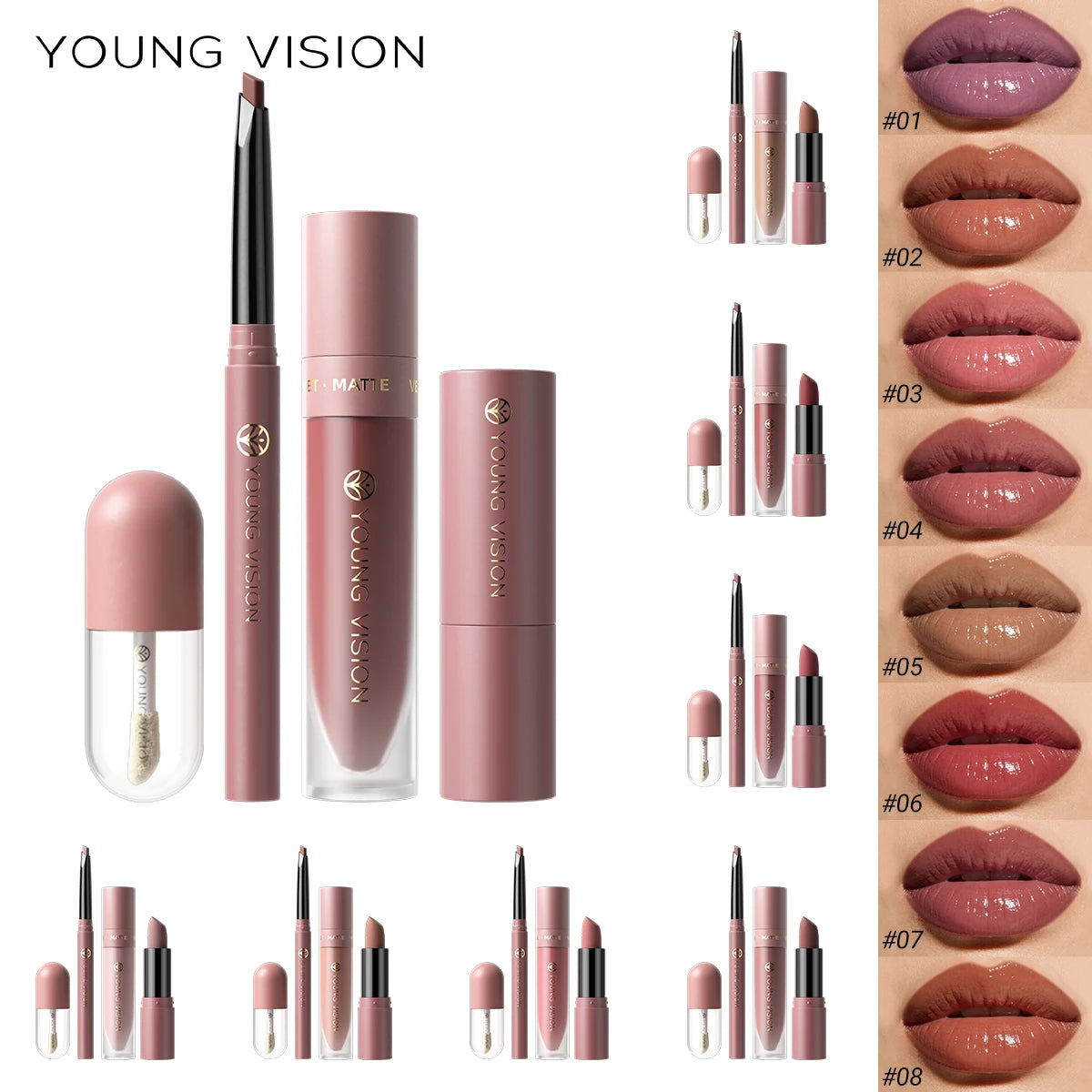 4tlg. Set Langanhaltendes Wasserdichtes Lippen-Make-up-Kit – Weicher, geschmeidiger cremiger Lippenstift & Lipgloss Lip Oil Set