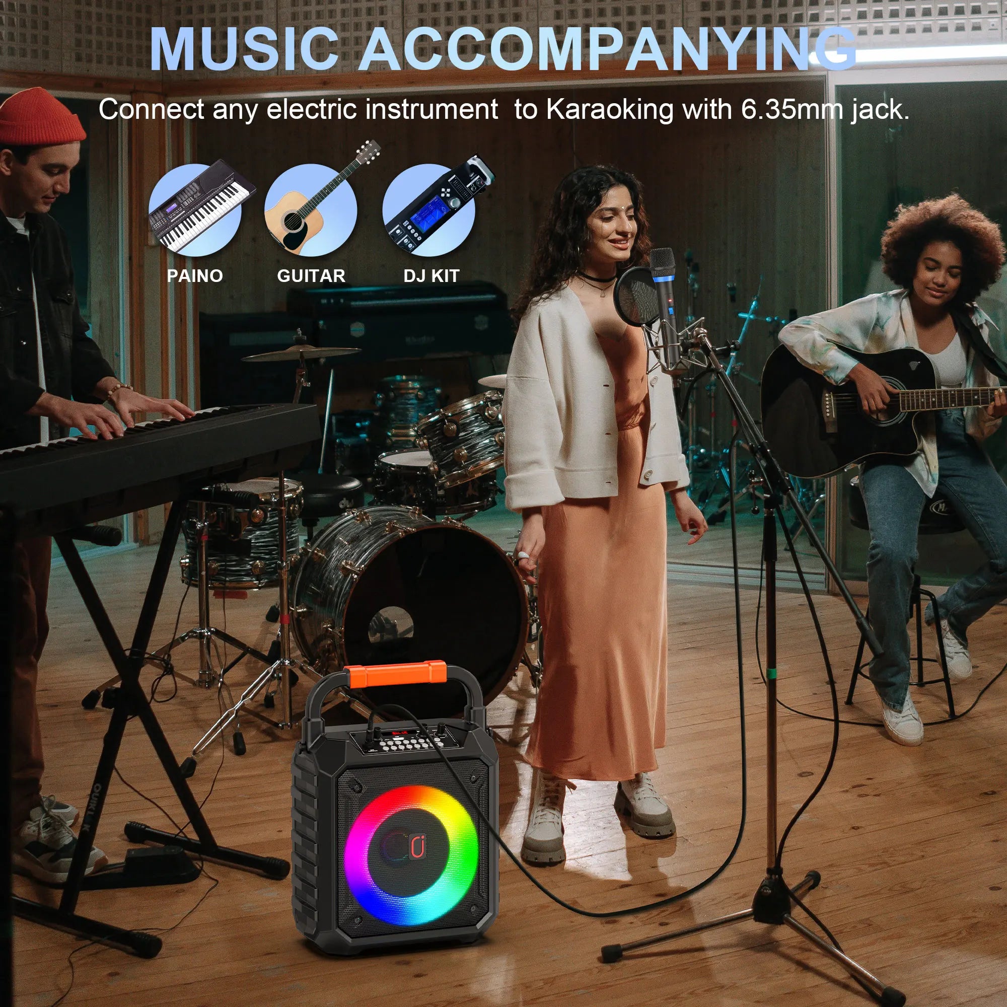 T17-T Karaoke-Maschine und Bluetooth-Kopfhörer, tragbarer Lautsprecher mit LED-Lichtern für Kinder und Erwachsene, unterstützt Bluetooth/USB/TF/AUX