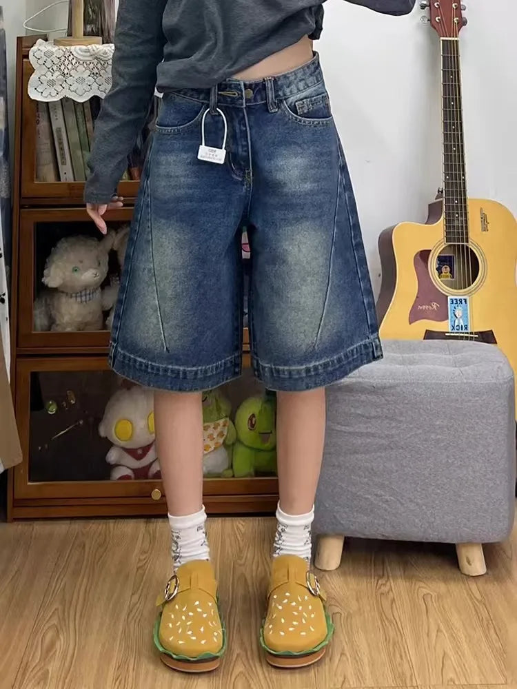 Spicy Girl Retro Amerikanische Fünf-Punkt-Denim-Shorts Damen Sommer Neue Lockere Design Schmale Gerade Weite Beinhosen Mittellange Hose