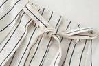 HH Damen Frühling Neue Mode Vintage Vielseitige Beige Gestreifte Puffärmel-Shirt + Hochtaillierte Lockere Plissierte Lässige Lange Hose Set