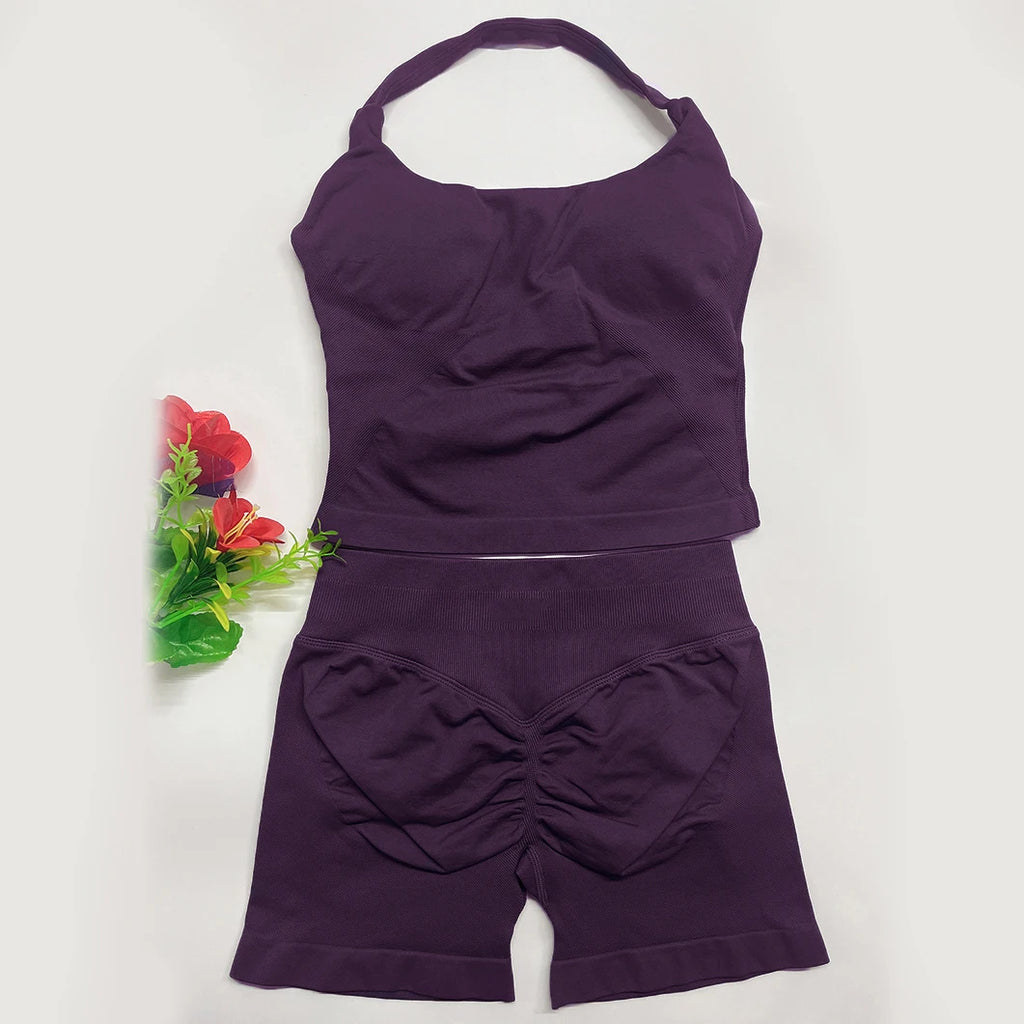 Yoga Outfits Damen 2-teiliges Sport-Set DFNNYE Impact Halfter Neck Neckholder Rückenfrei Oberteil Nahtlose Scrunch Shorts Fitness-Workout-Sportanzug