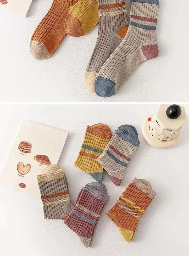5 Paar gestreifte Socken für Damen, bequem, weich, mittellang, Winter, Harajuku, lustige Freizeitsocken, Damenstrümpfe, Strumpfwaren