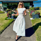 Talenza Weißes gepunktetes langes Kleid Sommer Sexy High-Waist Vintage Print Ärmelloses Kleid Lässige Party Urlaub Neues Damenkleid