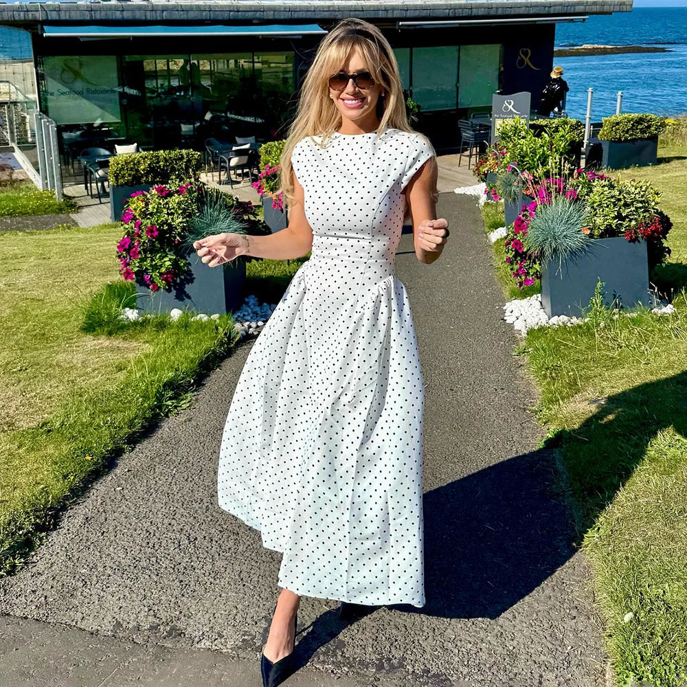 Talenza Weißes gepunktetes langes Kleid Sommer Sexy High-Waist Vintage Print Ärmelloses Kleid Lässige Party Urlaub Neues Damenkleid